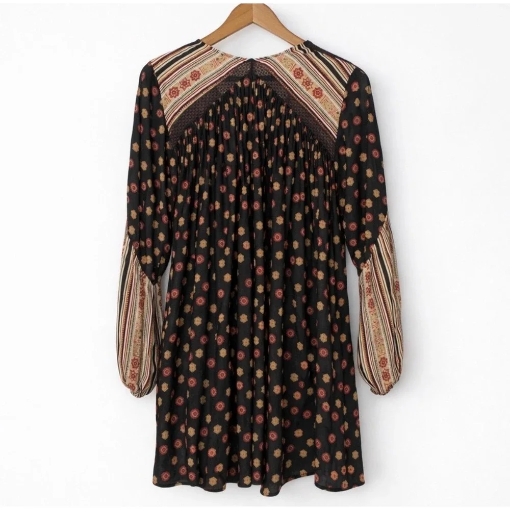 J14 Free‎ People Womens Rain or Shine Mini Dress Long Sleeve Black Multicolor - Picture 4 of 6
